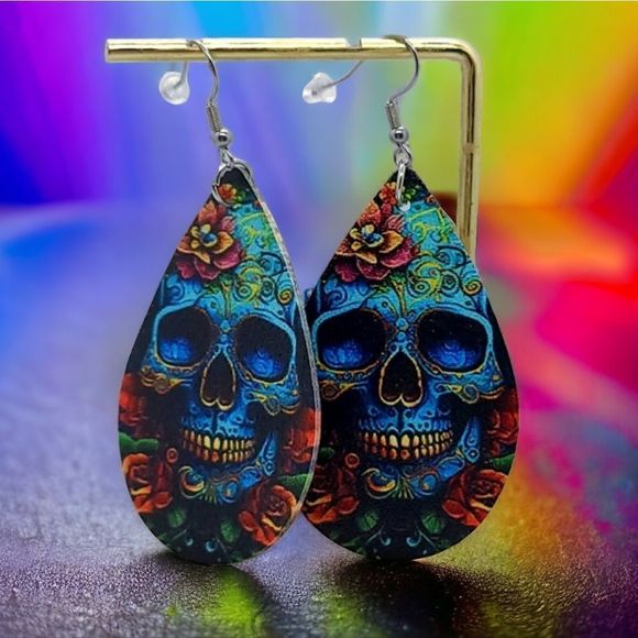 Sugar Skull Faux Leather Earrings Blue Pop Art Dangle Teardrop Gothic Jewelry - Picture 3 of 5